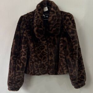 New Brown Leopard Print Faux Fur Jacket s small
